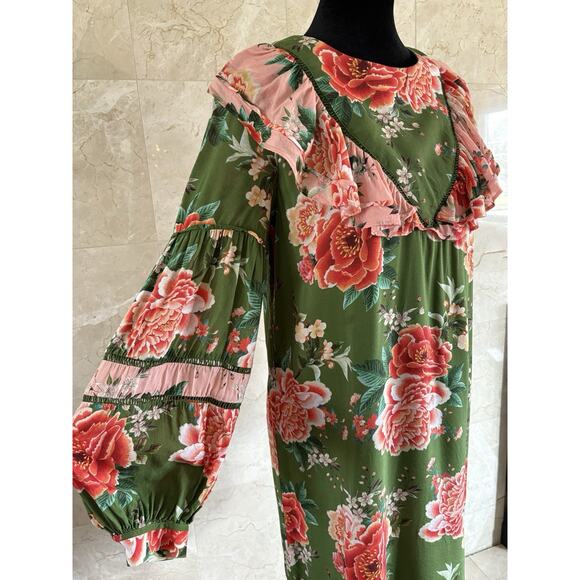 Farm Rio Elinor Tunic Dress - S Green Pink, Floral Long Sleeve Boho Twee Cottage - Picture 6 of 14
